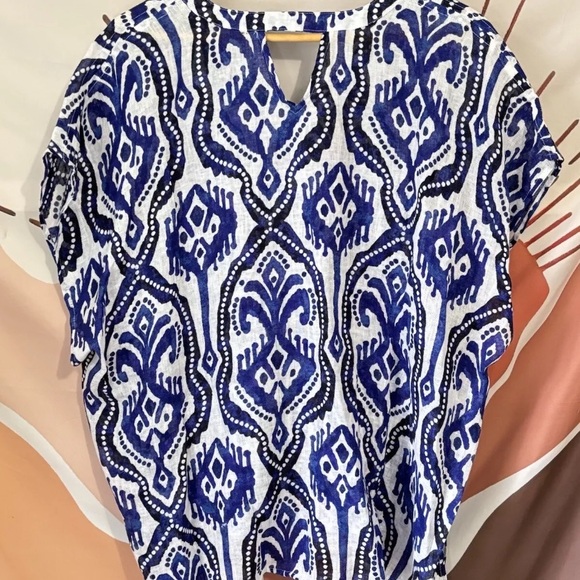 Artsy Chicos Womens 100% Linen Ikat Printed Poncho Beach Top White Blue S/M Boho - Picture 5 of 10
